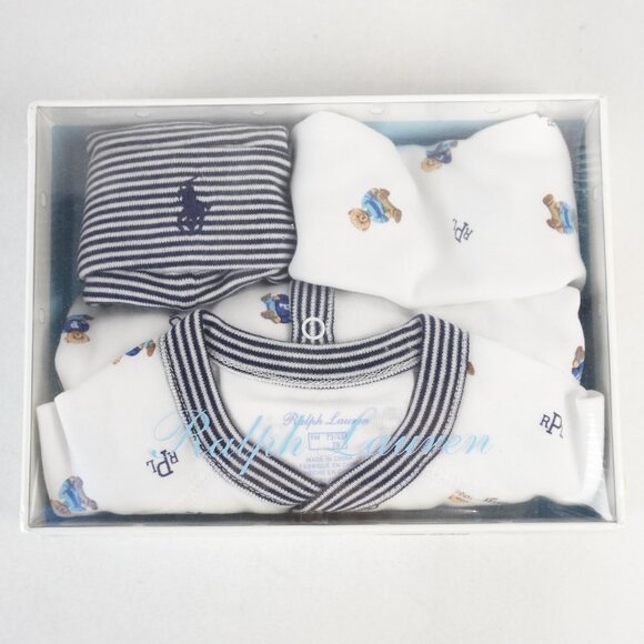 Ralph Lauren Polo Baby Onesie, Bib & Beanie Gift Set in White/Blue Size 9M - NWT - Picture 1 of 9